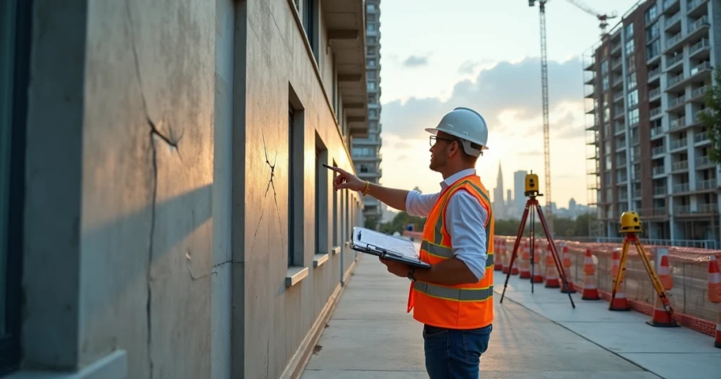 Engenheiro realizando laudo de vistoria cautelar em fachada de prédio em obra