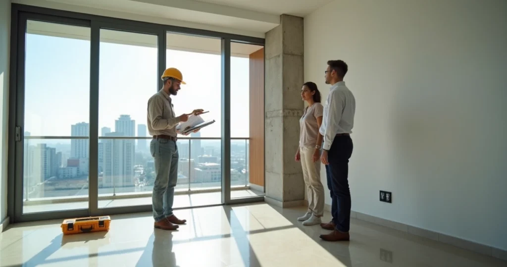 Engenheiro avaliando estrutura de imóvel com casal comprador ao lado