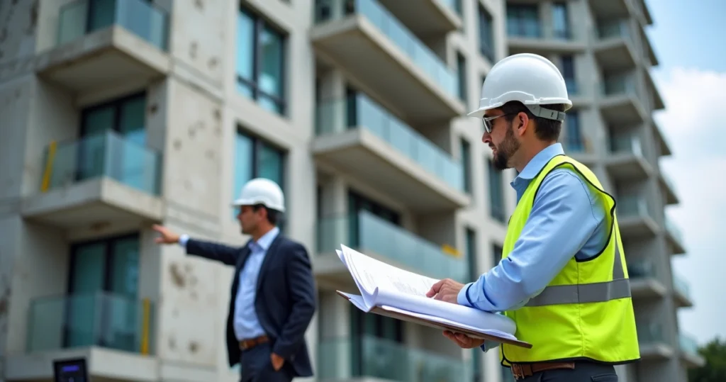 Engenheiro analisando fachada de condomínio com prancheta e plantas técnicas
