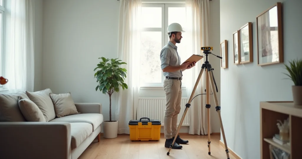Engenheiro com prancheta fazendo vistoria em sala limpa e organizada