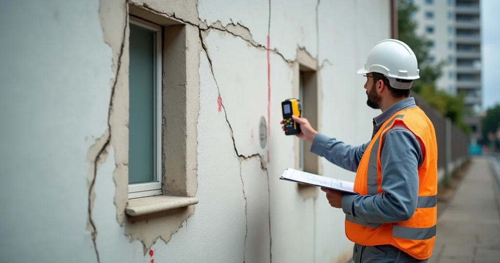 Engenheiro civil inspecionando fachada de prédio com trincas e infiltrações
