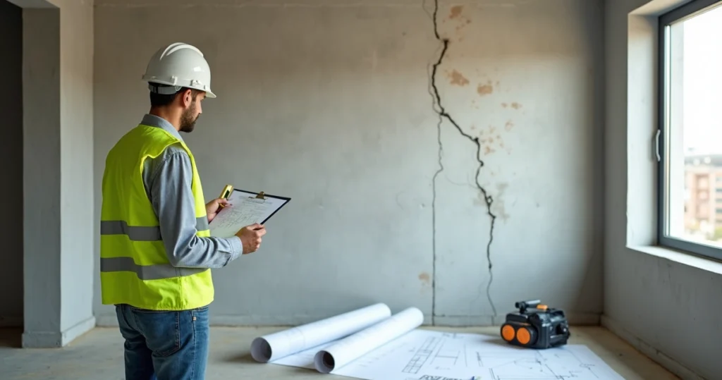 Engenheiro civil analisando fissuras em parede de apartamento em construção