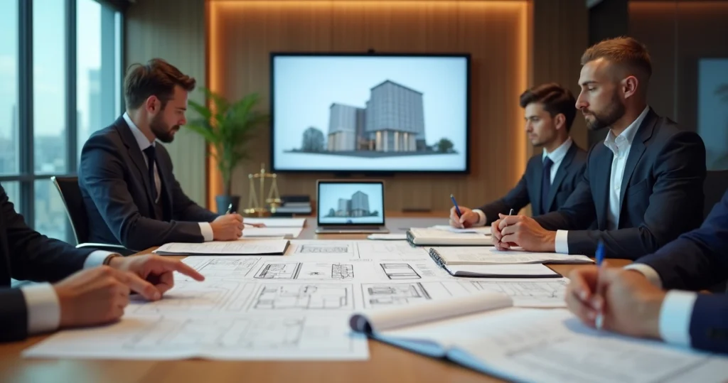 Equipe de engenharia analisando documentos técnicos em mesa de reunião