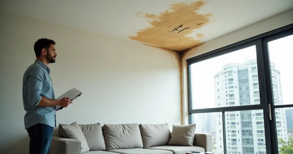 Sala de apartamento com infiltração visível no teto perto da janela