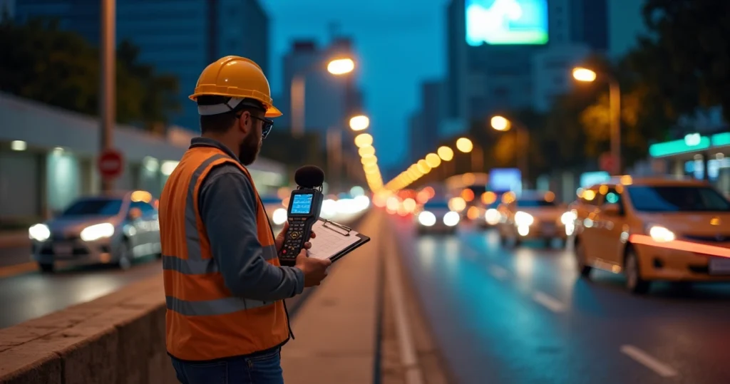 Engenheiro medindo ruído urbano com decibelímetro em avenida movimentada