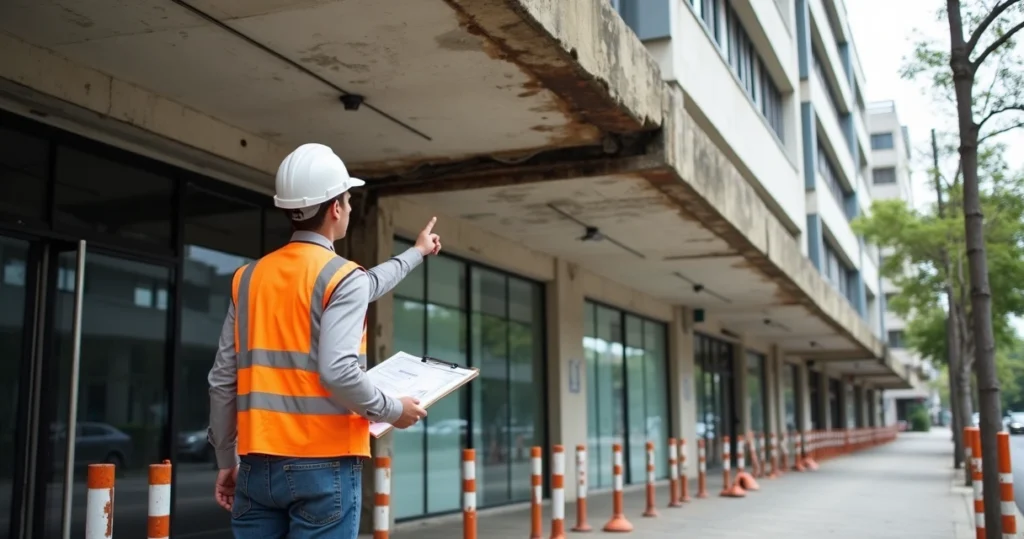Marquise de edifício com risco de queda isolada com fita de segurança e engenheiro vistoriando