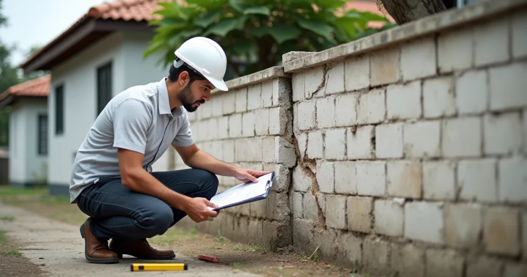 Engenheiro analisando rachaduras em muro de divisa entre casas vizinhas