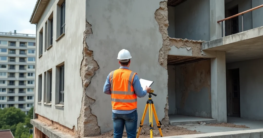 Engenheiro vistoriando fachada de prédio com rachaduras e infiltrações