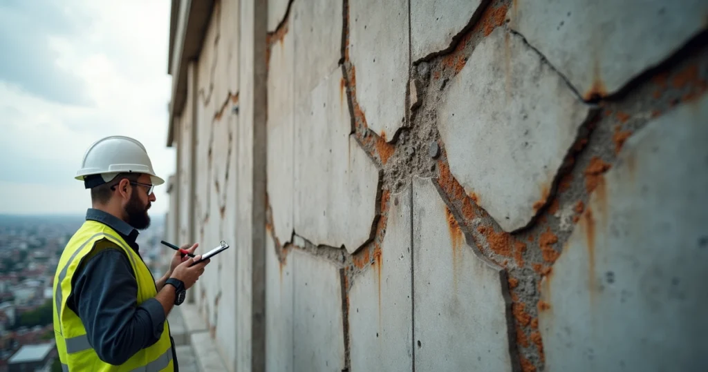 Engenheiro inspecionando fachada de concreto com fissuras e manchas de infiltração