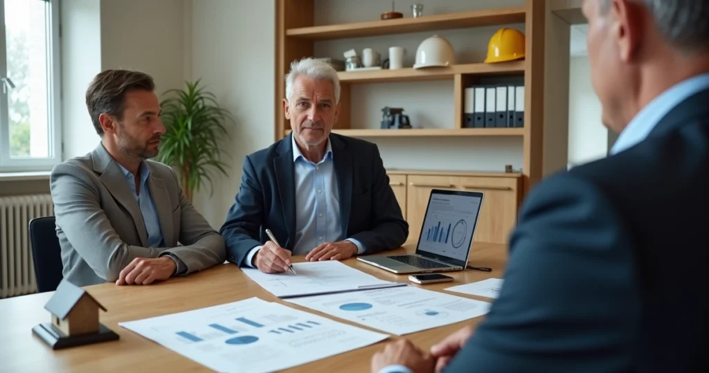 Perito avaliador explicando laudo de avaliação de imóvel para casal em processo de partilha