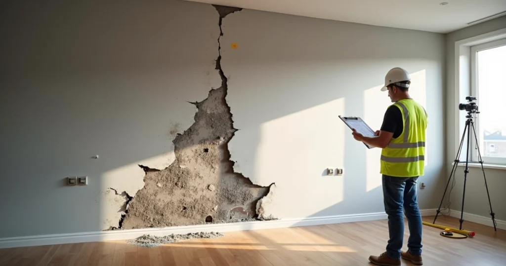 Engenheiro analisando infiltrações e rachaduras em parede de imóvel residencial