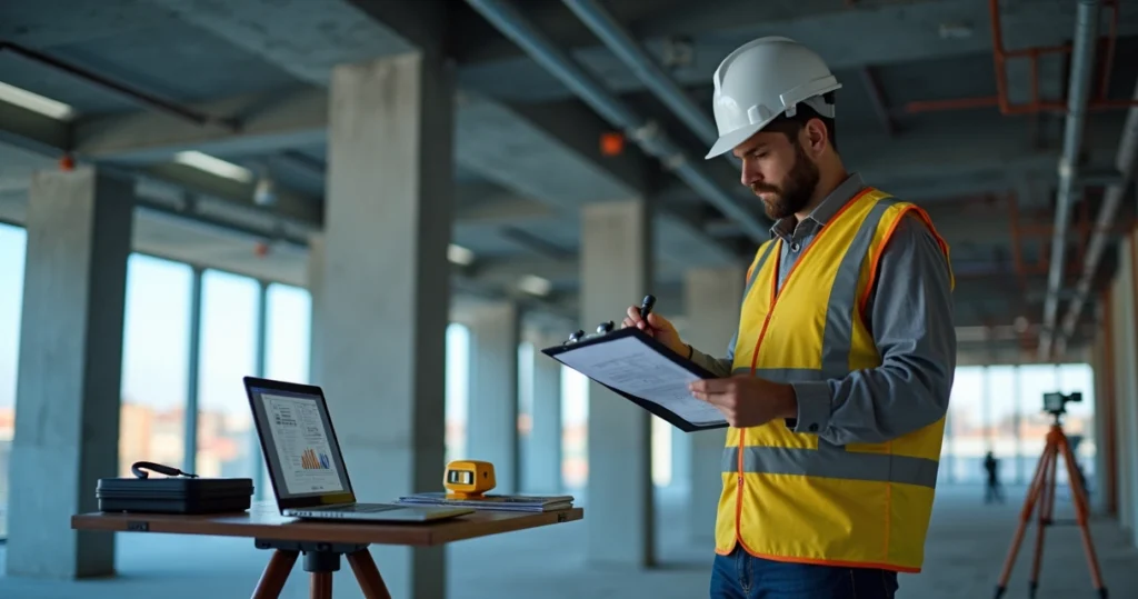 Engenheiro perito analisando estrutura com prancheta e capacete em obra