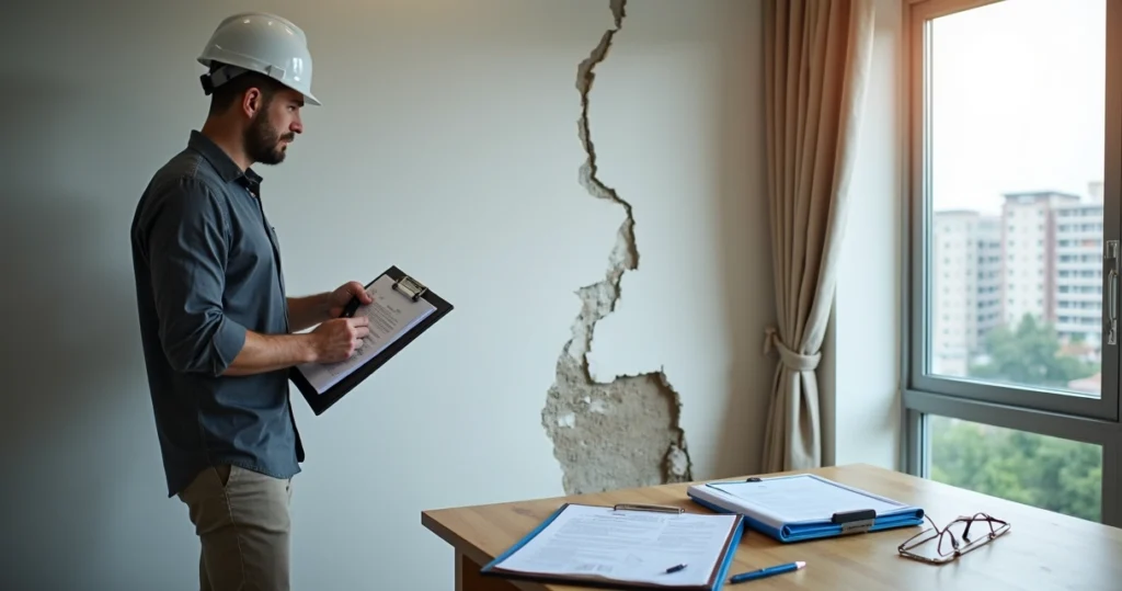 Engenheiro perito analisando rachaduras em parede de apartamento com prancheta e documentos jurídicos