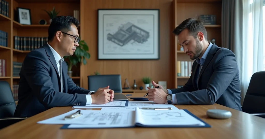 Perito judicial analisando documentos técnicos e jurídicas sobre a mesa