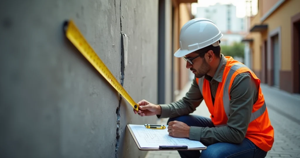 Engenheiro perito analisando rachaduras em parede entre imóveis vizinhos