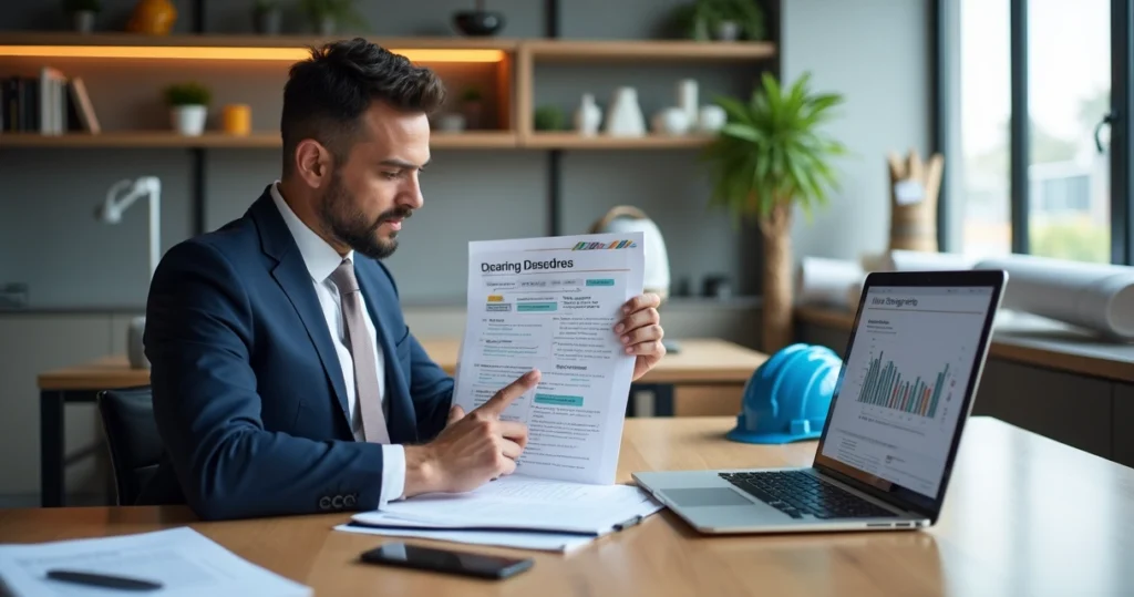 Engenheiro perito analisando cronograma de perícia judicial com documentos e laptop sobre a mesa