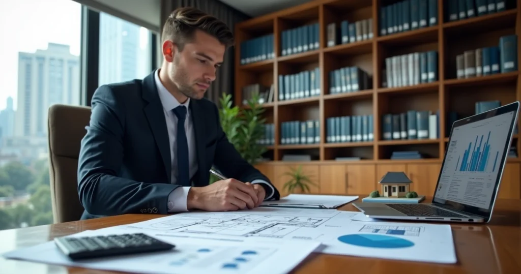 Perito judicial analisando documentos e planta de imóvel em mesa de escritório