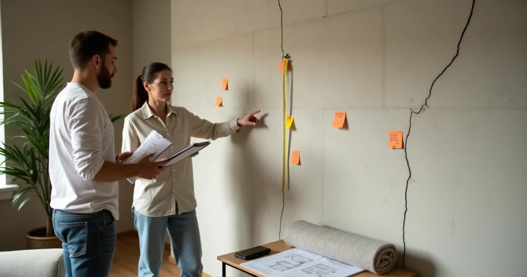 Inquilino e proprietária analisando rachaduras em parede de apartamento alugado