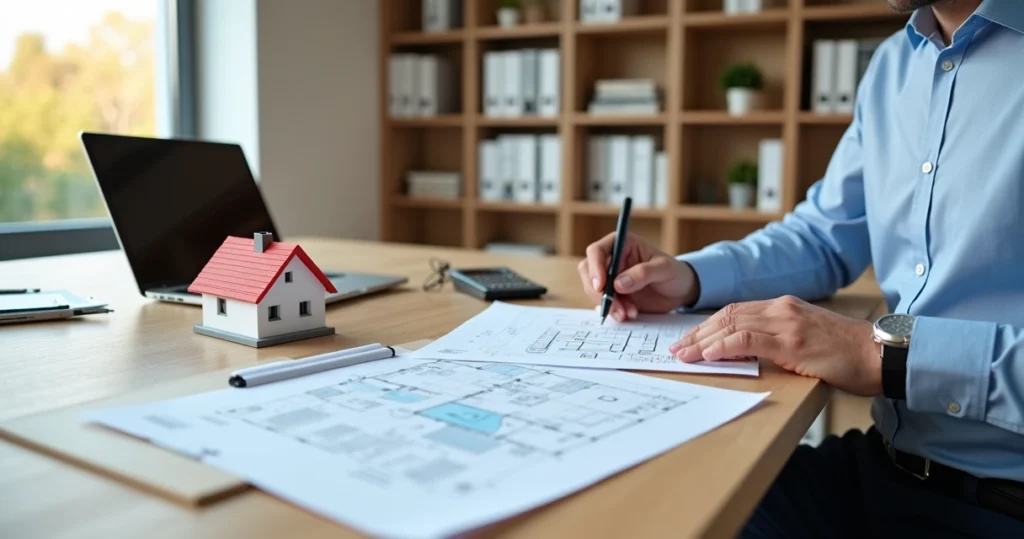 Engenheiro analisando documentos de imóvel sobre mesa com planta baixa