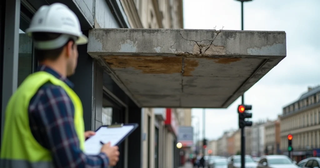 Engenheiro inspecionando marquise de prédio com sinais de fissuras e corrosão