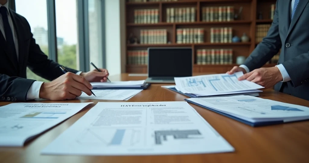 Advogado e engenheiro analisando laudo pericial com destaque para documentos jurídicos