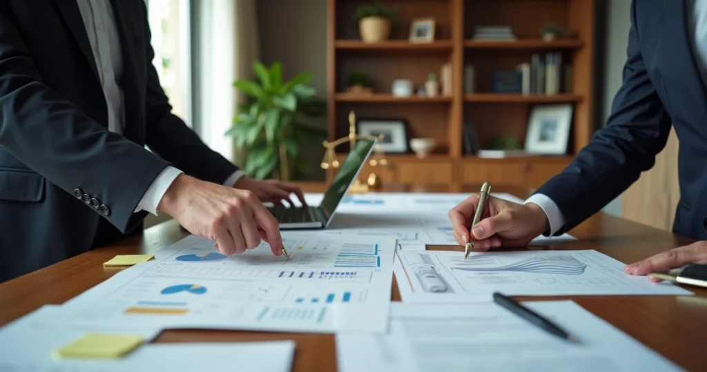 Advogado e perito analisando laudo pericial em mesa de audiência