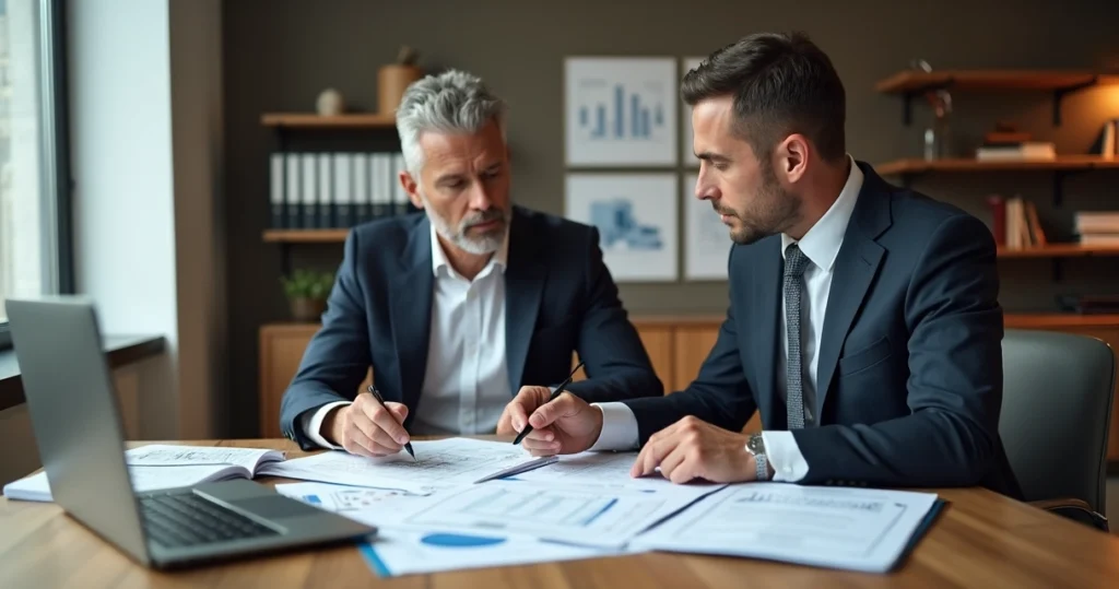 Advogado e assistente técnico analisando laudo pericial em reunião de trabalho