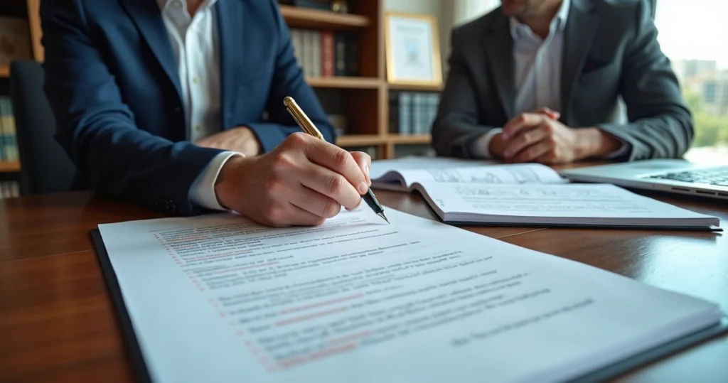 Advogado revisando quesitos periciais com perito em mesa de documentos jurídicos