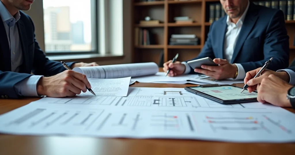 Advogado e engenheiro analisando laudo pericial de engenharia em mesa com documentos