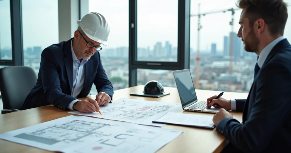 Engenheiro civil analisando laudos técnicos em reunião com advogada em mesa de escritório