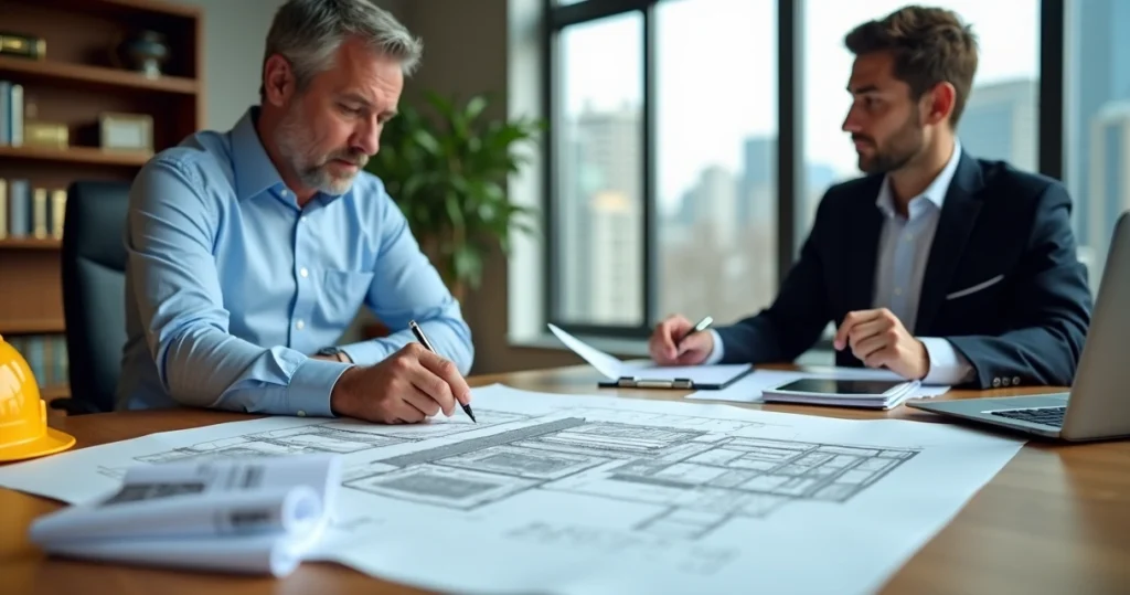 Engenheiro perito analisando planta de imóvel com advogado em reunião técnica