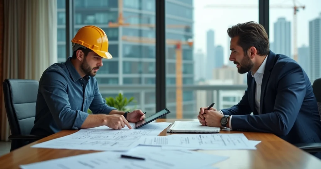 Engenheiro analisando documentos técnicos ao lado de advogado em reunião de perícia de engenharia