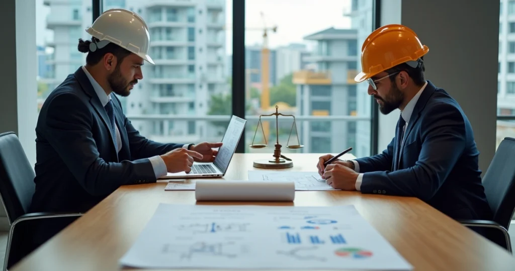Engenheiro assistente técnico analisando documentos ao lado de advogado em mesa de reunião