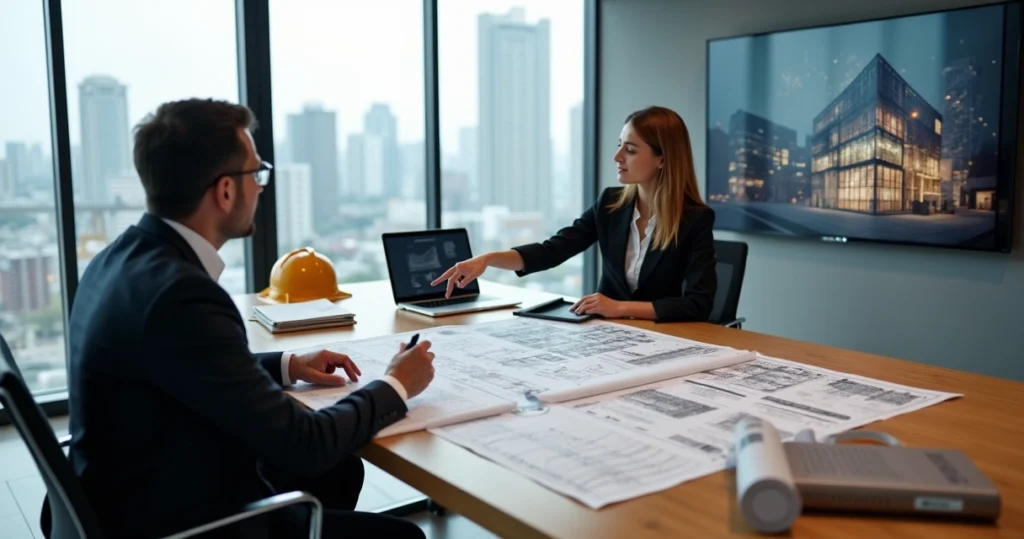Engenheiro assistente técnico analisando laudo de perícia de engenharia com advogado
