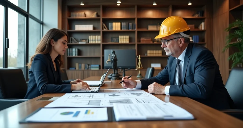 Engenheiro perito e advogada analisando documentos técnicos em mesa de reunião