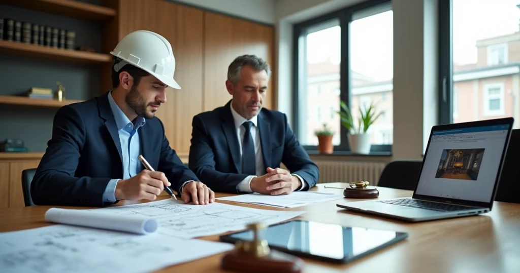 Engenheiro assistente técnico analisando laudo pericial com advogado em mesa de reunião