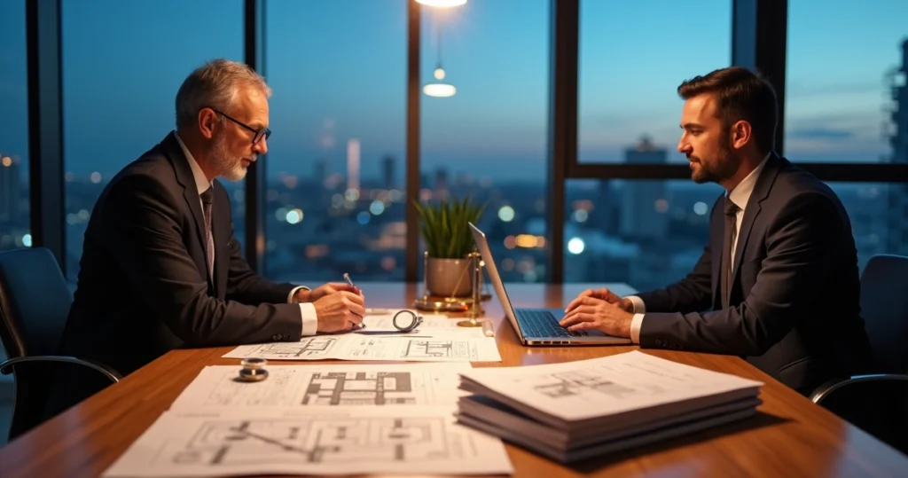Engenheiro e advogado analisando laudo técnico em reunião sobre responsabilidade civil