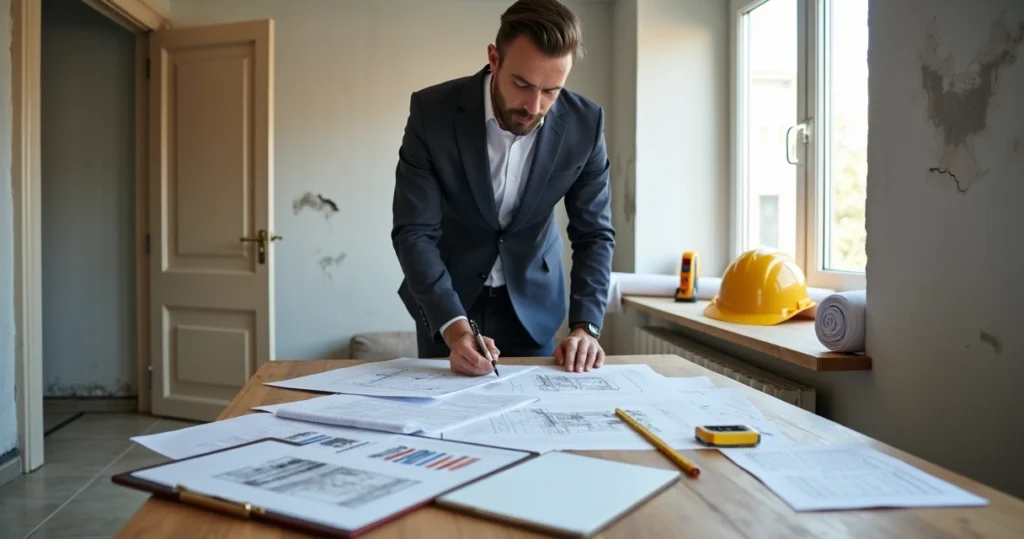 Engenheiro analisando vícios construtivos em obra com documentos periciais sobre a mesa