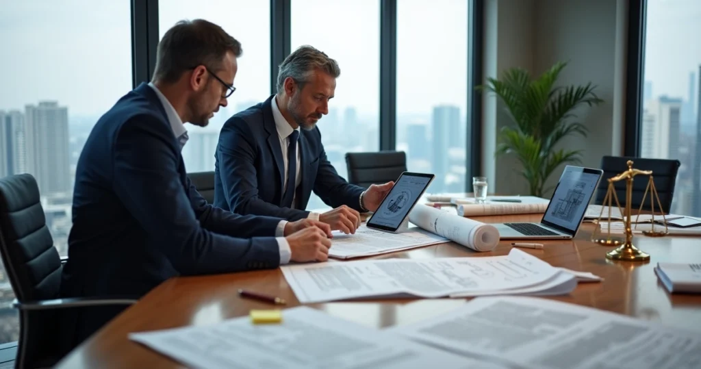 Engenheiro e advogado analisando laudo técnico em mesa de reunião