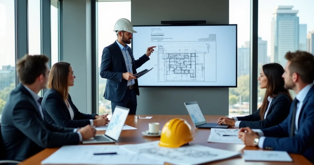 Engenheiro explicando laudo técnico jurídico em reunião de consultoria de engenharia