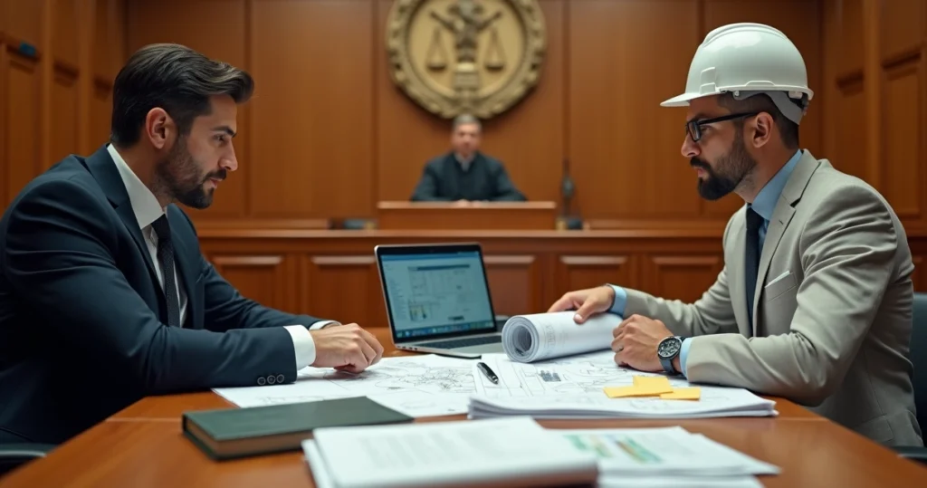 Advogado e engenheiro analisando laudo pericial em tribunal com juiz ao fundo