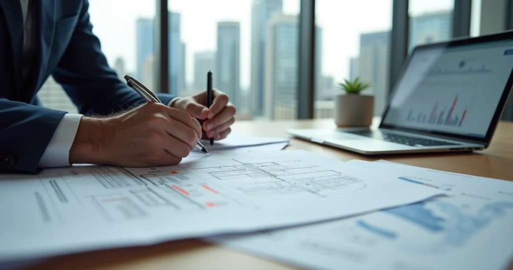 Engenheiro civil analisando laudo pericial com documentos e plantas técnicas sobre a mesa