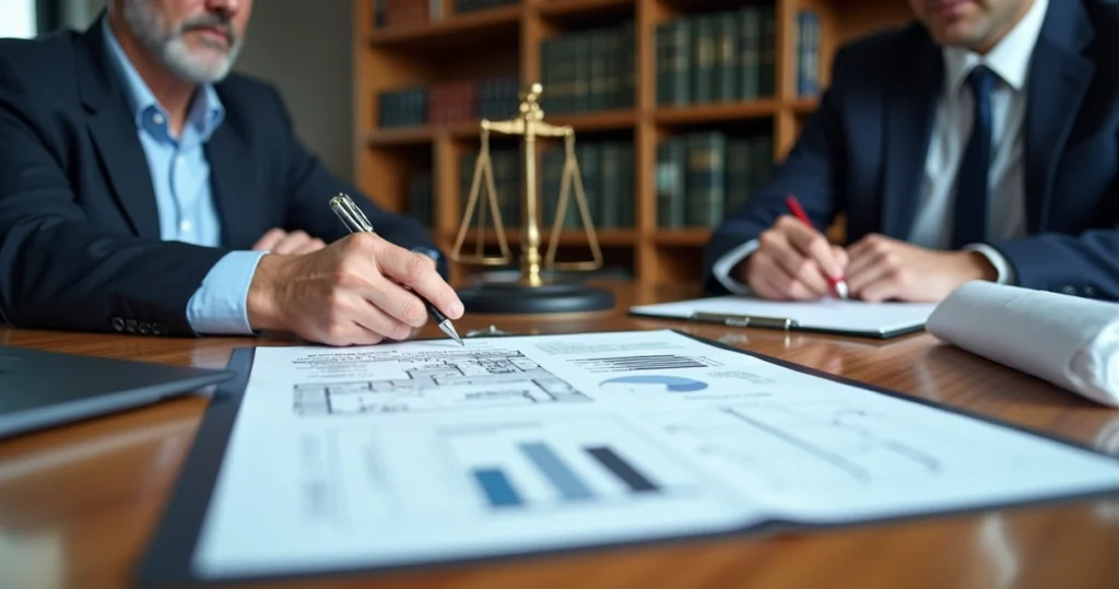 Engenheiro e advogado analisando laudo pericial de engenharia em mesa de escritório