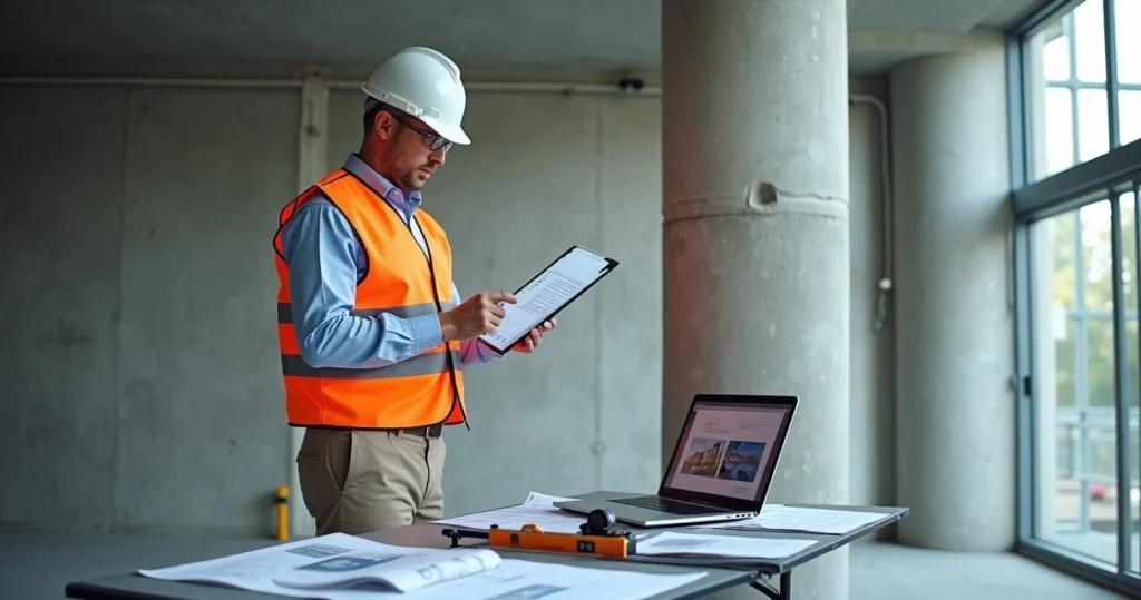 Engenheiro civil analisando laudo pericial de engenharia com prancheta e tablet em obra