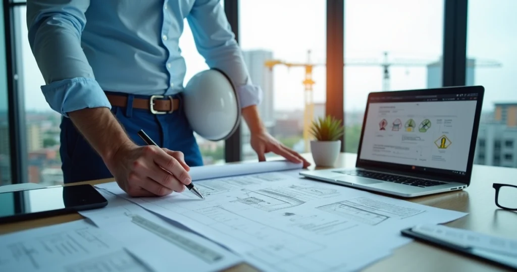 Engenheiro analisando laudo pericial de engenharia com plantas e tablet sobre a mesa