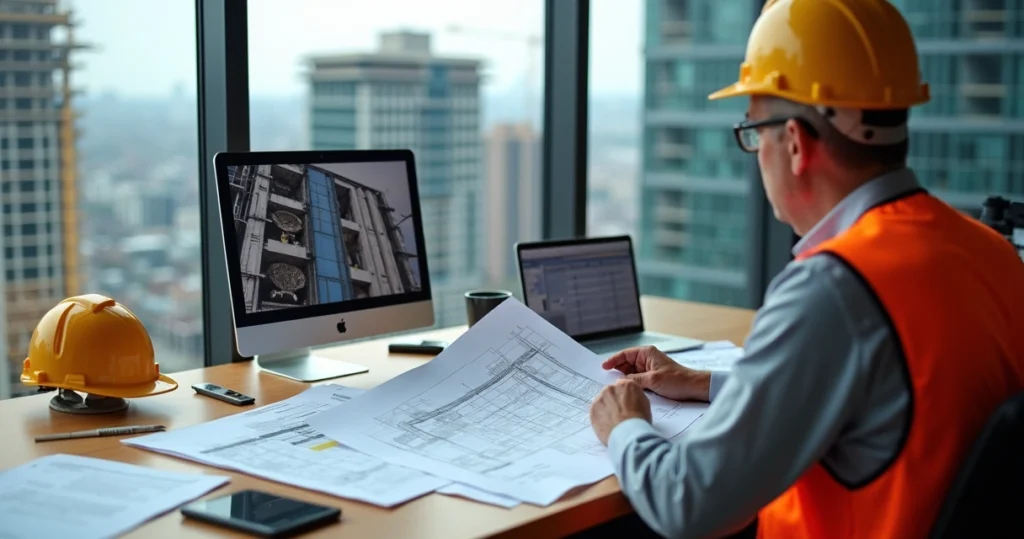 Engenheiro civil analisando laudo pericial com plantas e fotos de obra em mesa de escritório