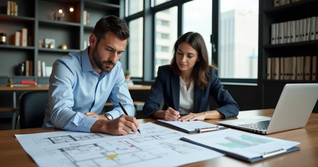 Engenheiro e advogada analisando laudo pericial de engenharia sobre a mesa