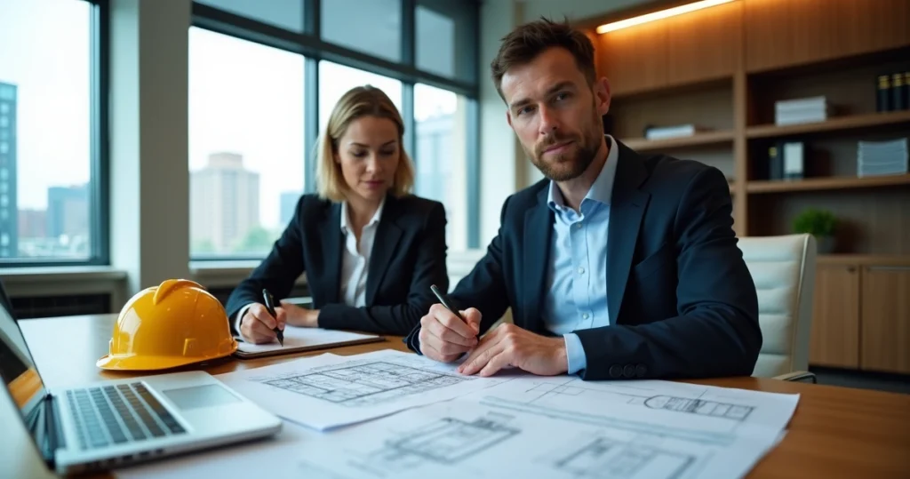 Engenheiro assistente técnico judicial analisando documentos e laudos em escritório jurídico