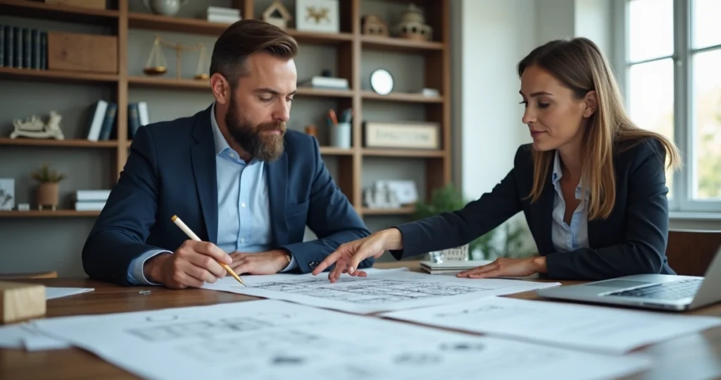 Engenheiro assistente técnico analisando documentos técnicos em reunião jurídica
