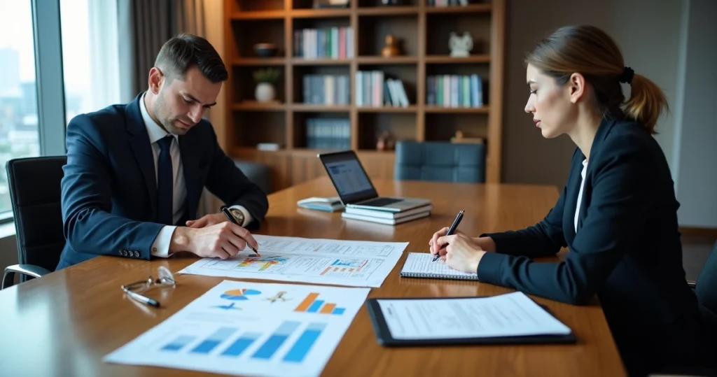 Engenheiro assistente técnico analisando laudo em reunião com advogada em escritório jurídico